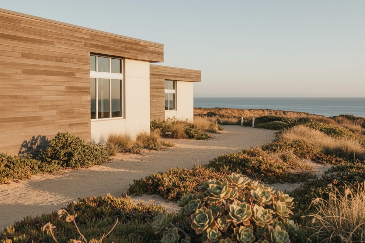 Exterior of Carlsbad Coast Church at golden hour with Pacific Ocean visible beyond the bluffs.
