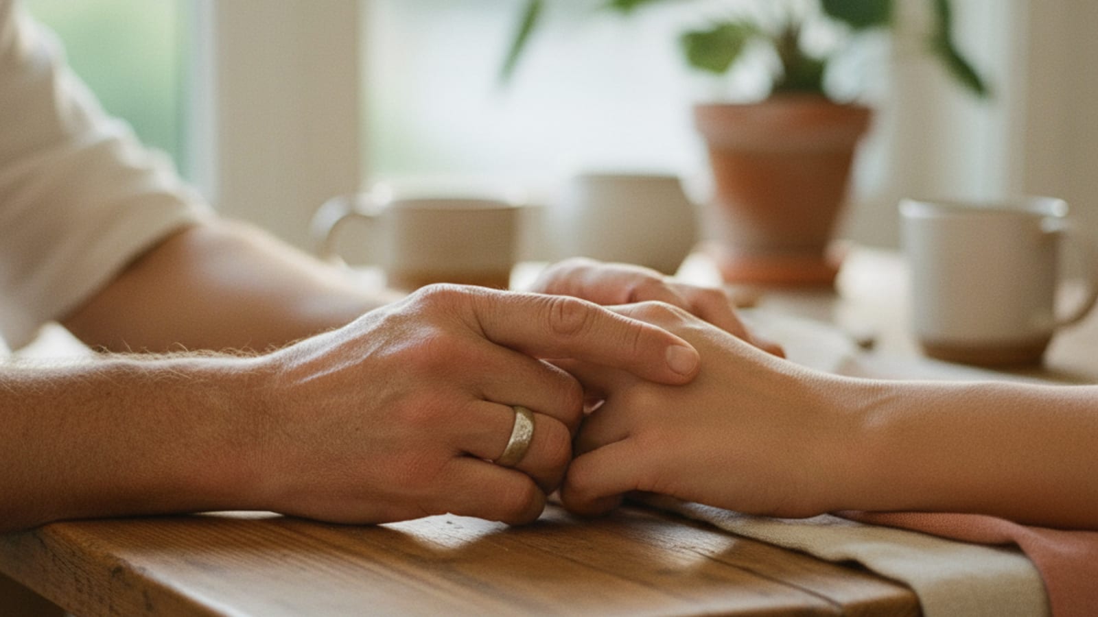 Two clasped hands resting on a warm wooden table in shallow depth of field — the visual of reconciliation that has already happened.