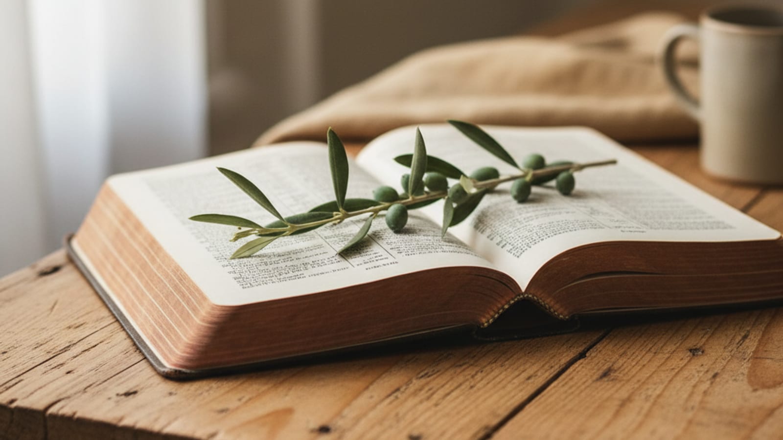 Open Bible on a warm wooden table with a sprig of olive leaves resting across the page in soft morning light.