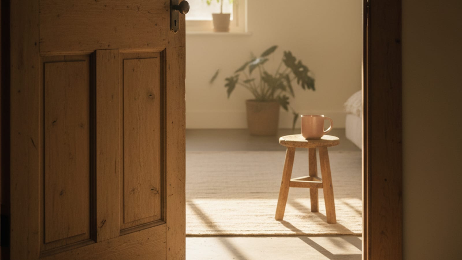 A warm wooden door slightly ajar with soft golden-hour light spilling through the gap — the visual of an invitation that is already open.