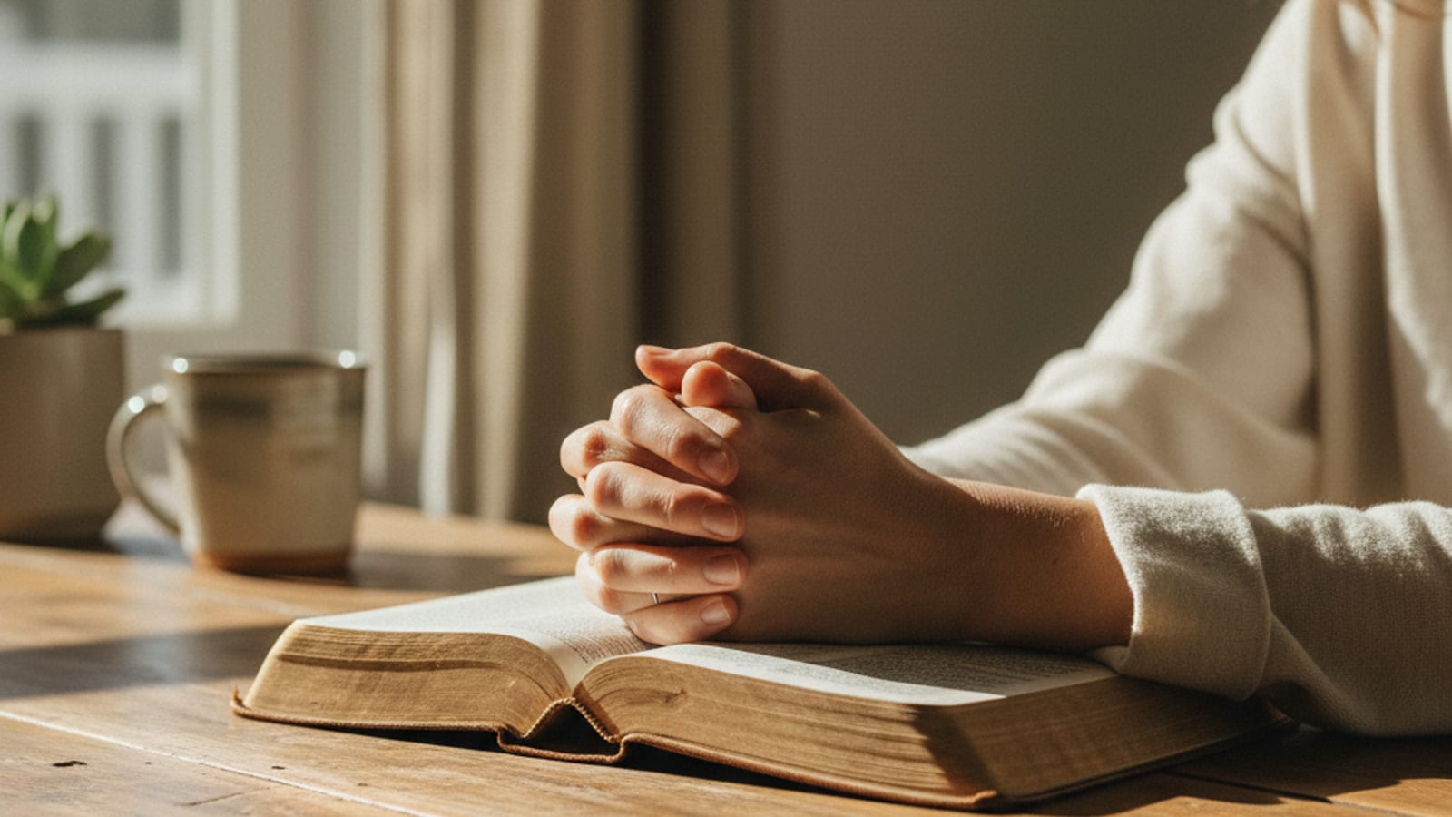 Folded hands resting on an open Bible in warm morning light on a wooden table.