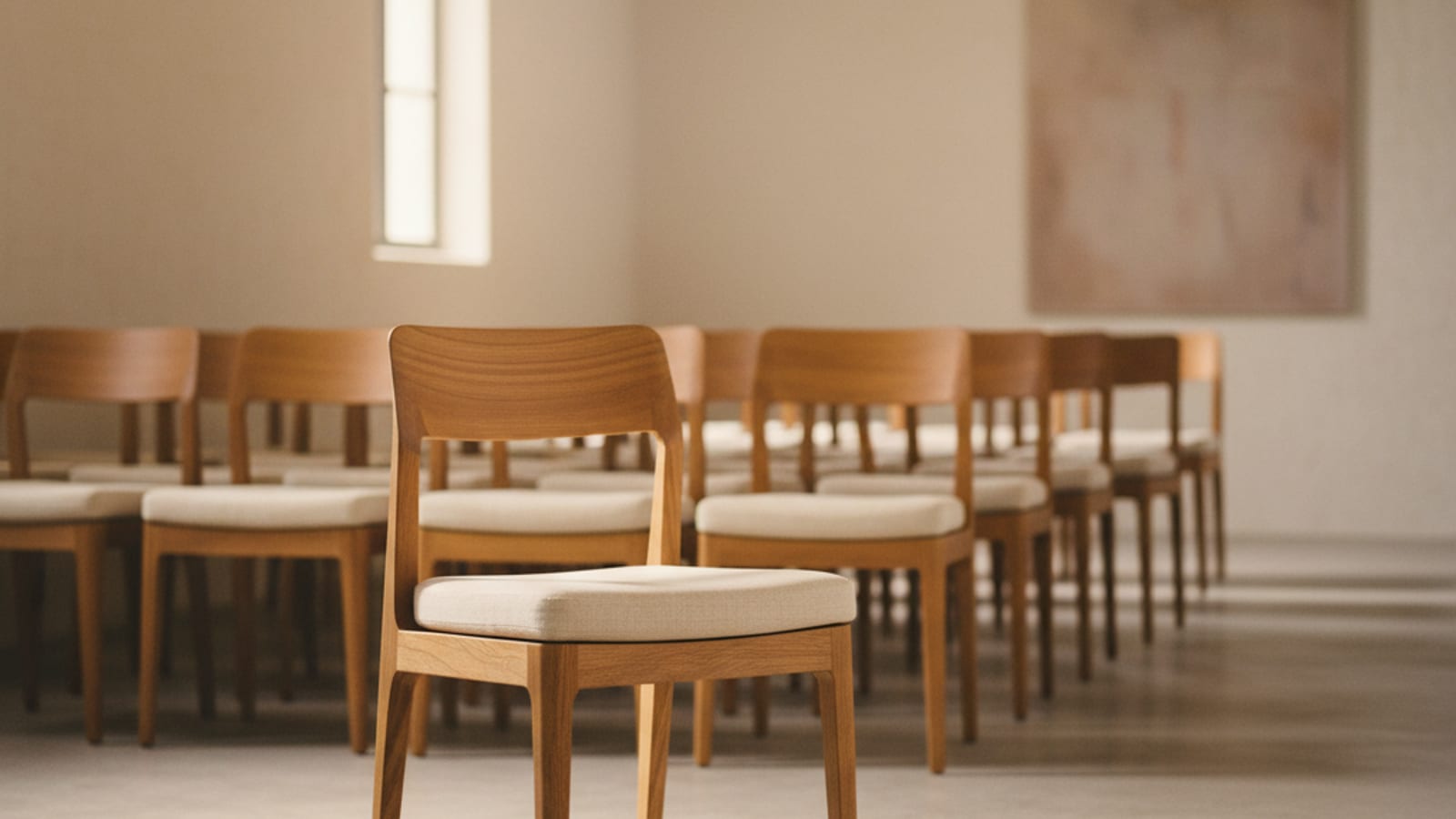 A single warm wooden chair with a cream linen cushion in an empty church auditorium, soft morning light from a nearby window.