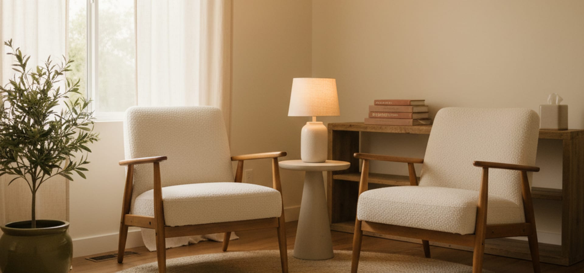 Warm counseling office interior with two chairs and soft window light.