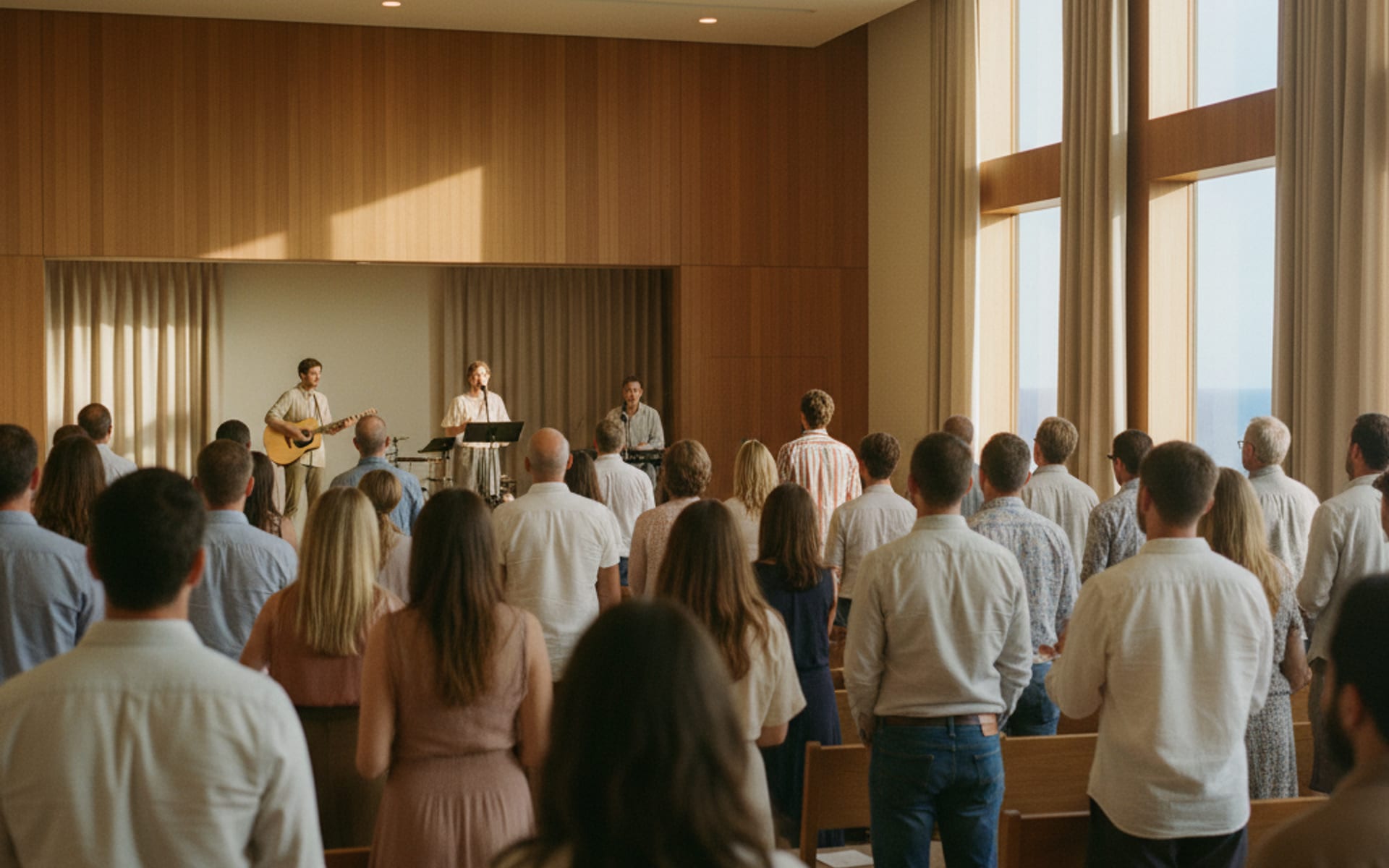 Sunday morning worship at Carlsbad Coast Church — warm natural light, congregation standing.