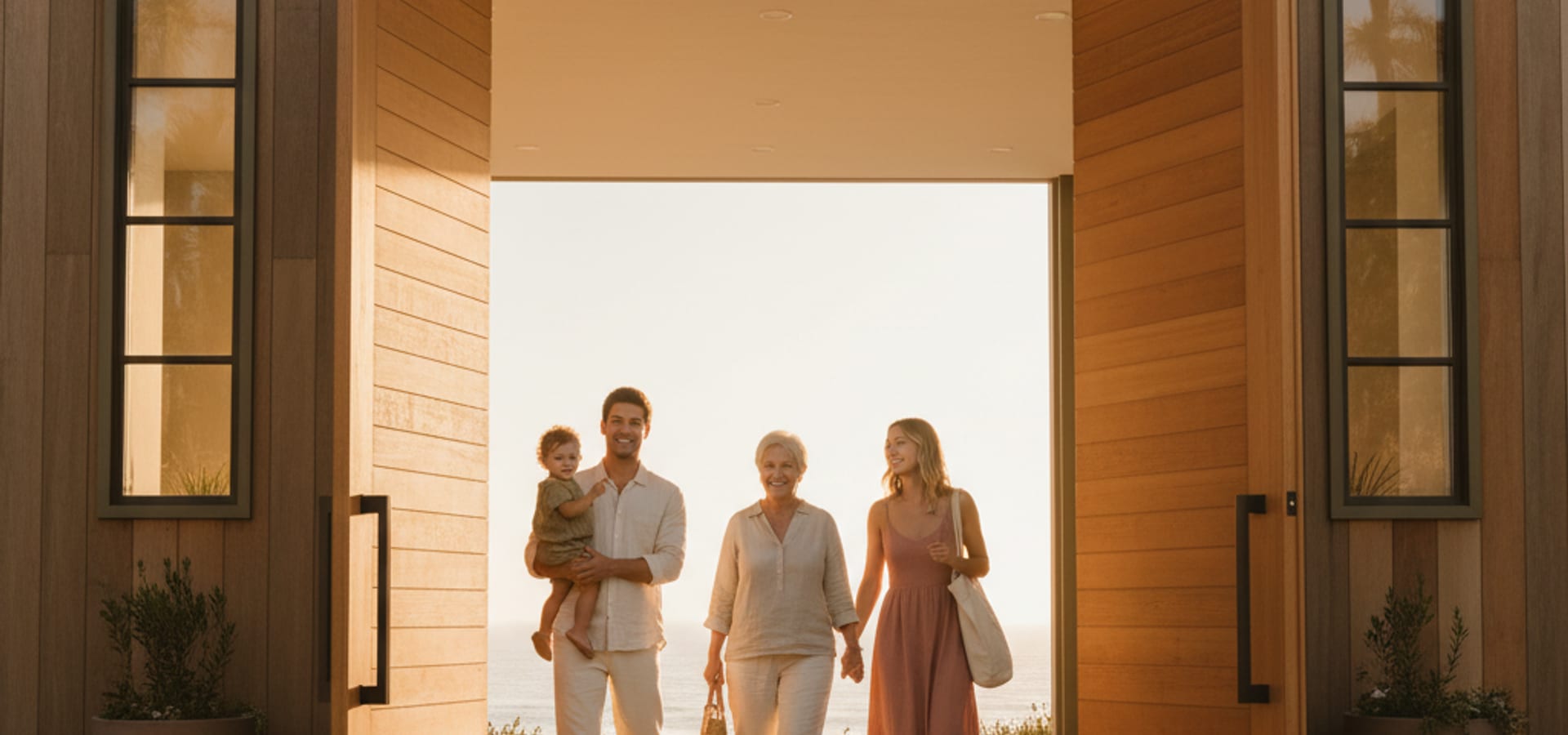Families walking into Carlsbad Coast Church on a sunny Sunday morning.