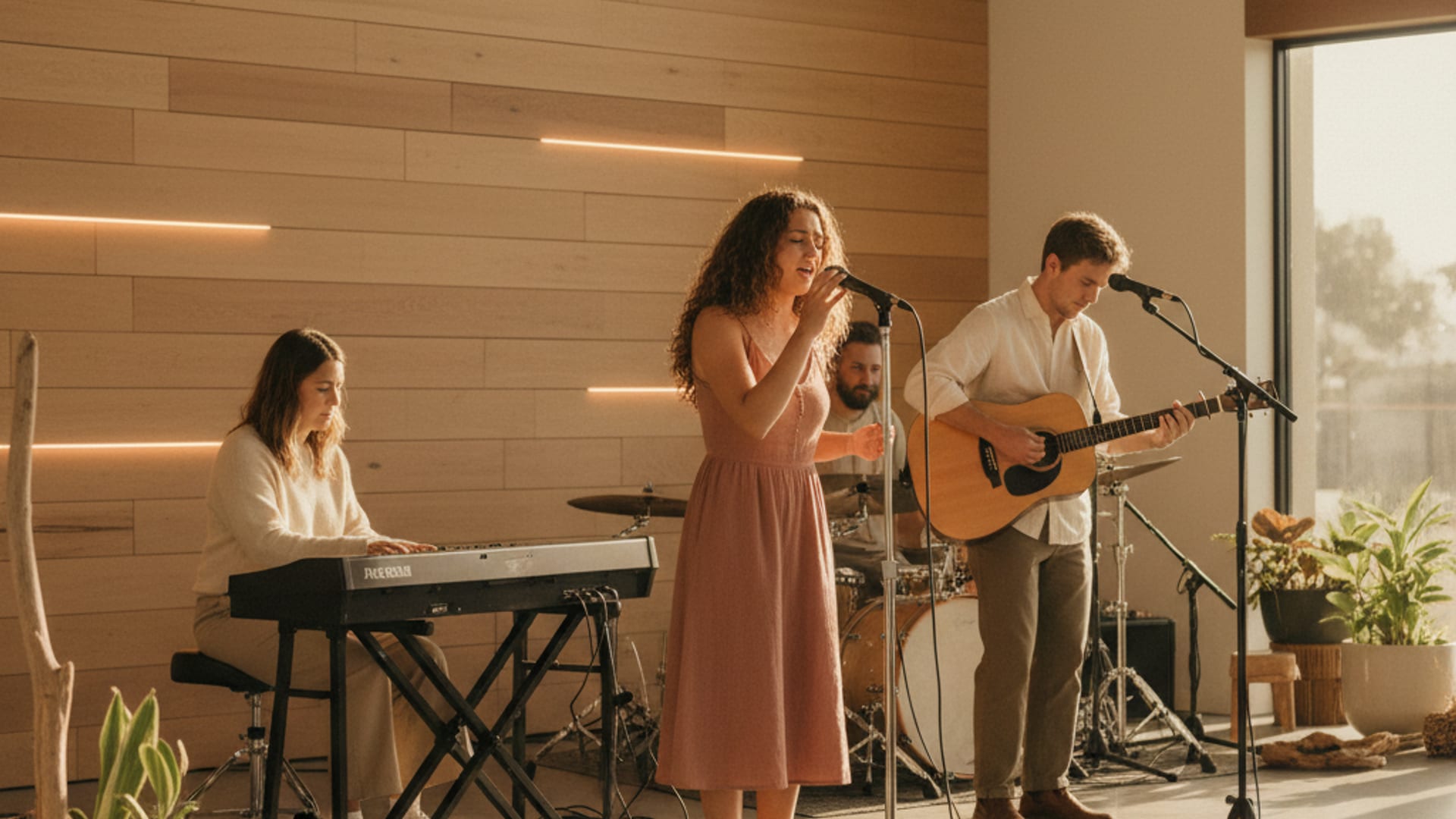 Carlsbad Coast Church worship team on stage, warm lights.
